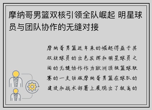 摩纳哥男篮双核引领全队崛起 明星球员与团队协作的无缝对接
