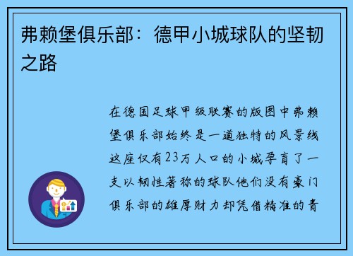 弗赖堡俱乐部：德甲小城球队的坚韧之路