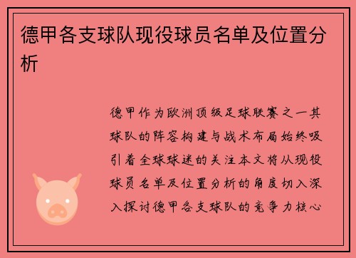 德甲各支球队现役球员名单及位置分析